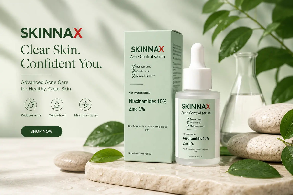 SKINNAX acne control serum with packaging on a natural background