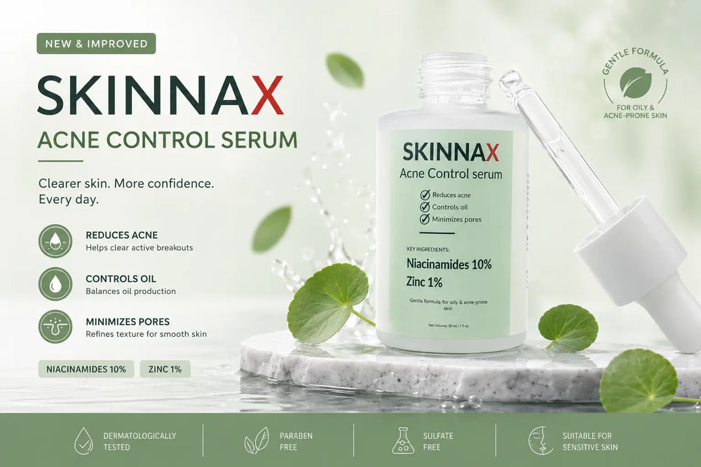 SKINNAX Acne Control Serum bottle with dropper on a light green background