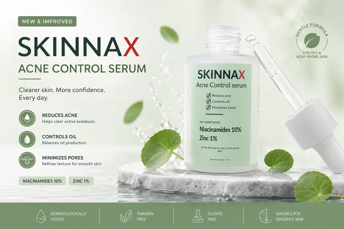 SKINNAX Acne Control Serum bottle with dropper on a light green background